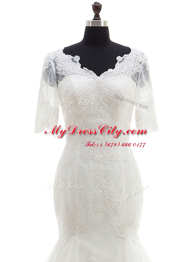 Fantastic Mermaid Half Sleeves Tulle With Train Court Train Clasp Handle Wedding Dress in White with Lace and Appliques