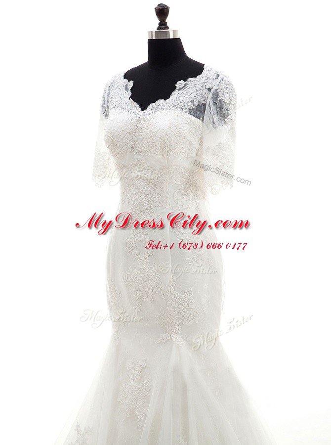 Fantastic Mermaid Half Sleeves Tulle With Train Court Train Clasp Handle Wedding Dress in White with Lace and Appliques