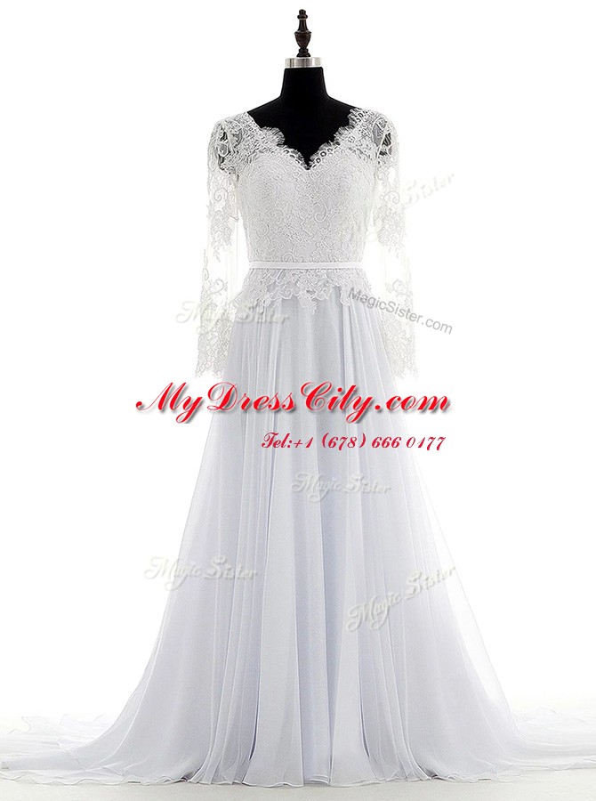 Long Sleeves Chiffon With Brush Train Backless Wedding Dress in White with Lace