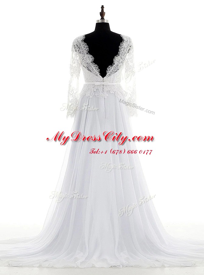 Long Sleeves Chiffon With Brush Train Backless Wedding Dress in White with Lace