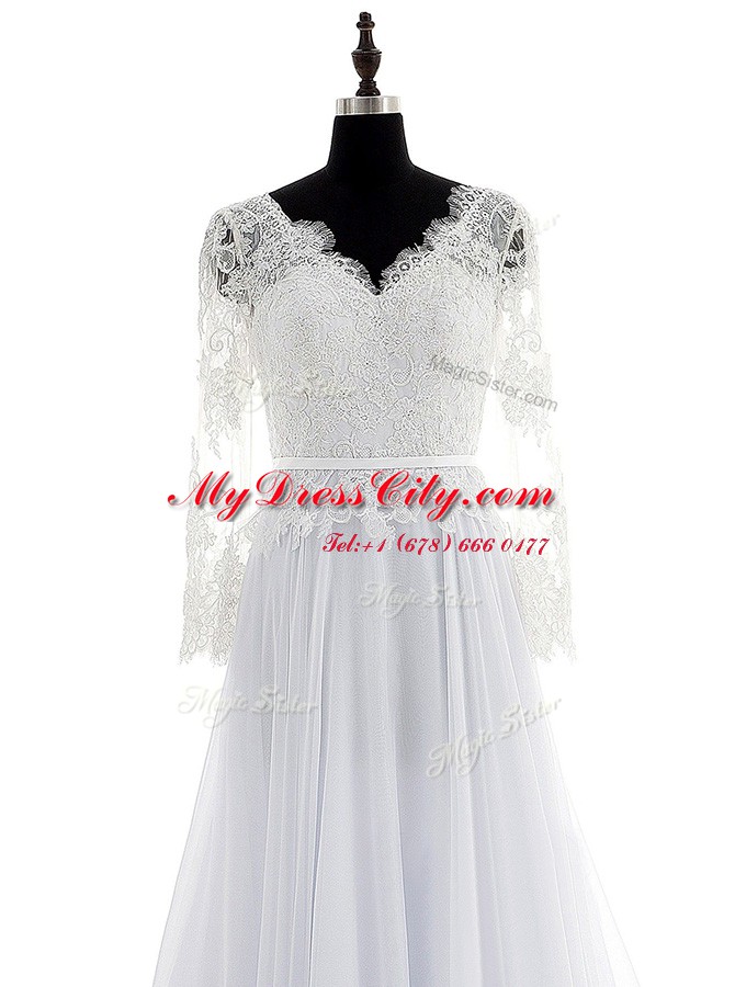 Long Sleeves Chiffon With Brush Train Backless Wedding Dress in White with Lace