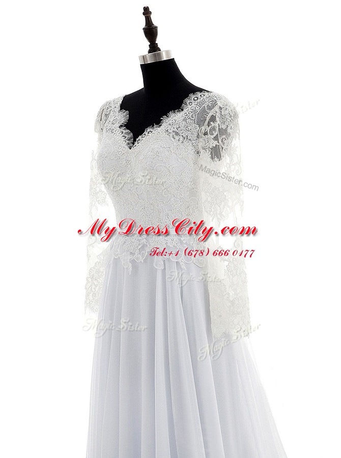 Long Sleeves Chiffon With Brush Train Backless Wedding Dress in White with Lace