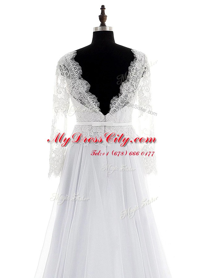 Long Sleeves Chiffon With Brush Train Backless Wedding Dress in White with Lace