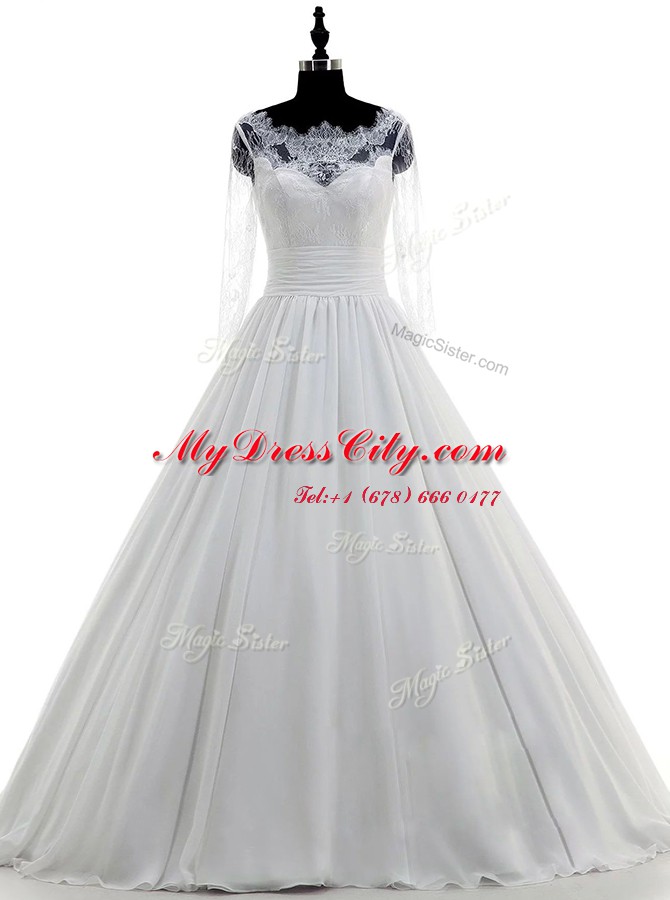 Scalloped White Ball Gowns Lace Wedding Gowns Zipper Chiffon 3 4 Length Sleeve With Train