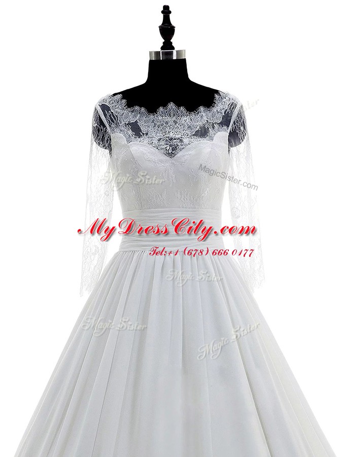 Scalloped White Ball Gowns Lace Wedding Gowns Zipper Chiffon 3 4 Length Sleeve With Train