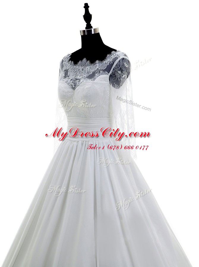 Scalloped White Ball Gowns Lace Wedding Gowns Zipper Chiffon 3 4 Length Sleeve With Train