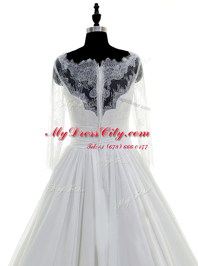 Scalloped White Ball Gowns Lace Wedding Gowns Zipper Chiffon 3 4 Length Sleeve With Train