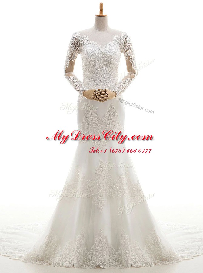 Exceptional White Mermaid Lace V-neck Long Sleeves Lace and Appliques With Train Clasp Handle Wedding Gown Brush Train