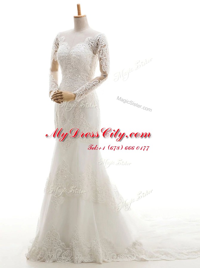 Exceptional White Mermaid Lace V-neck Long Sleeves Lace and Appliques With Train Clasp Handle Wedding Gown Brush Train