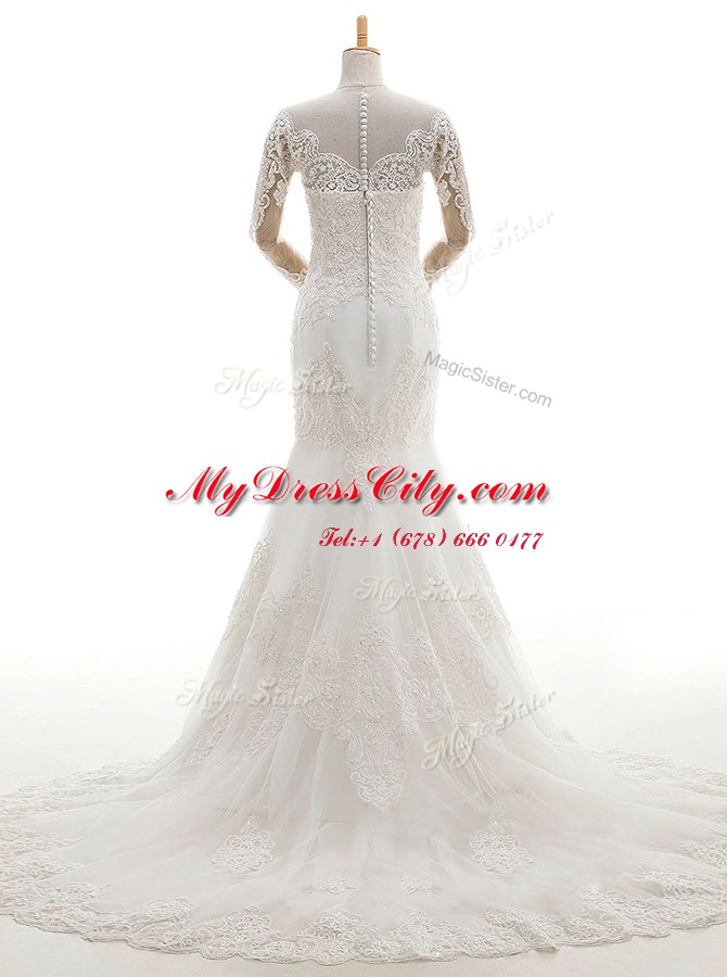 Exceptional White Mermaid Lace V-neck Long Sleeves Lace and Appliques With Train Clasp Handle Wedding Gown Brush Train