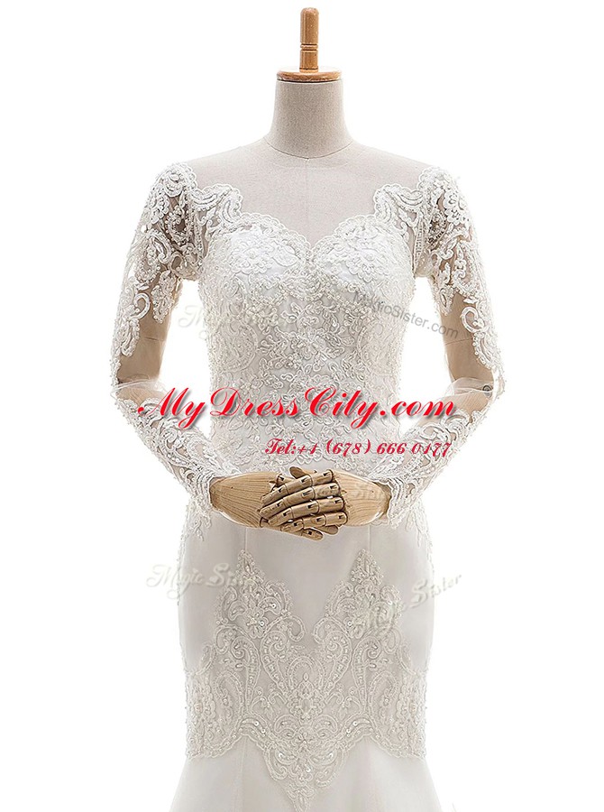 Exceptional White Mermaid Lace V-neck Long Sleeves Lace and Appliques With Train Clasp Handle Wedding Gown Brush Train