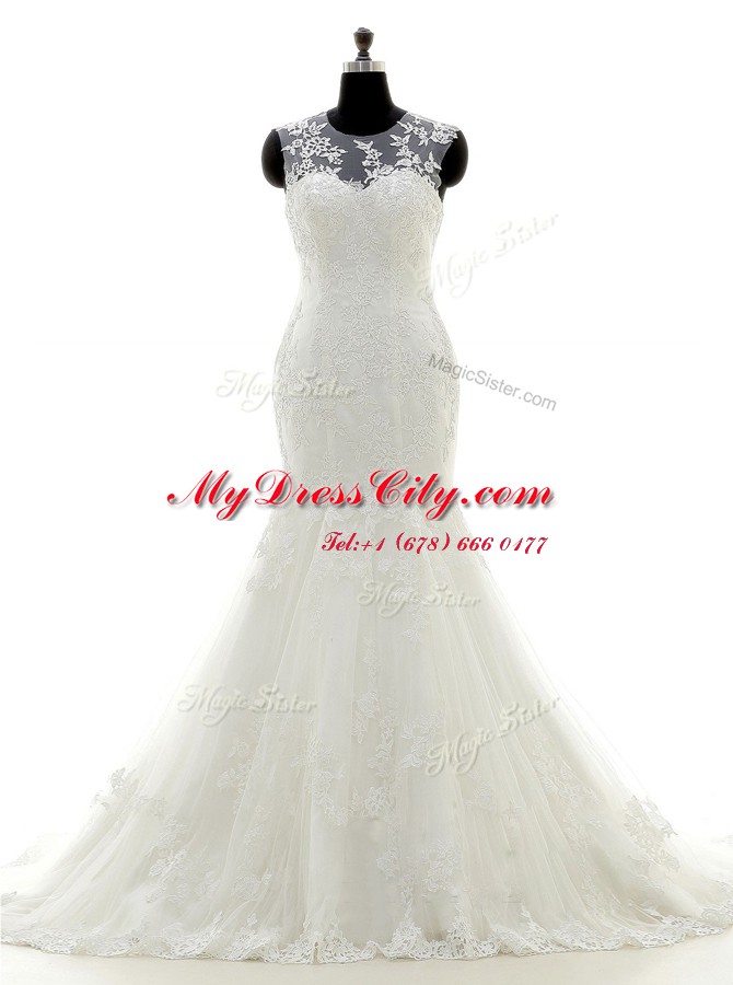 Glorious Scoop White Mermaid Lace and Appliques Wedding Dress Zipper Tulle and Lace Sleeveless With Train