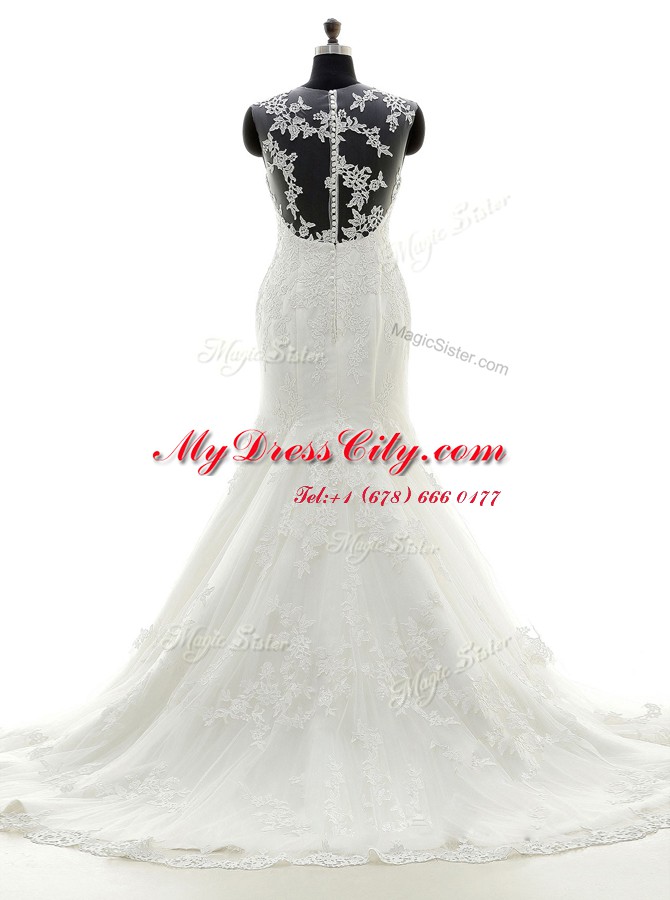 Glorious Scoop White Mermaid Lace and Appliques Wedding Dress Zipper Tulle and Lace Sleeveless With Train