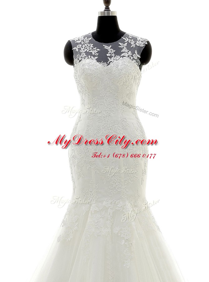 Glorious Scoop White Mermaid Lace and Appliques Wedding Dress Zipper Tulle and Lace Sleeveless With Train