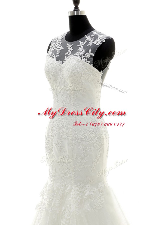 Glorious Scoop White Mermaid Lace and Appliques Wedding Dress Zipper Tulle and Lace Sleeveless With Train