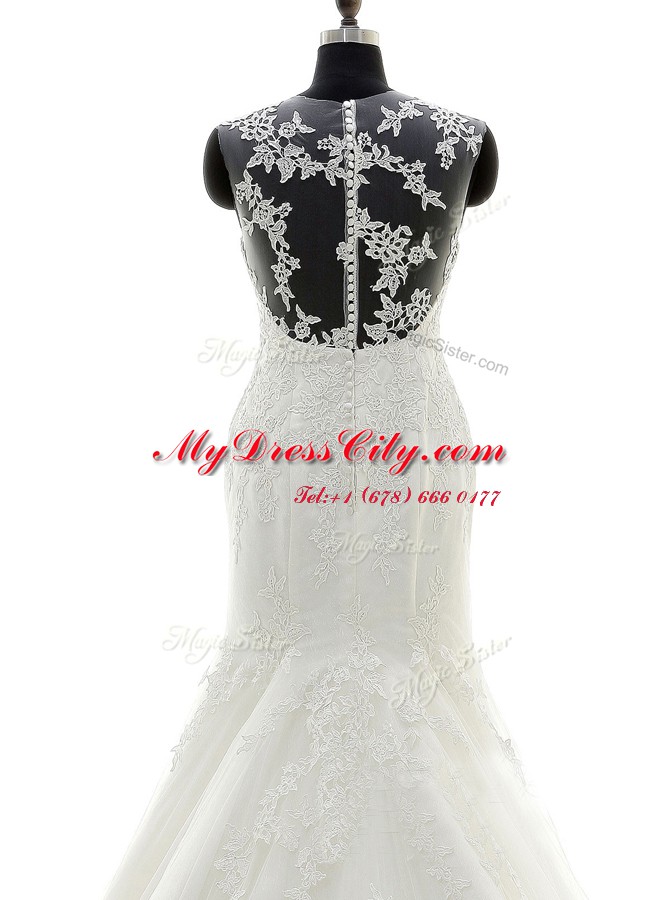 Glorious Scoop White Mermaid Lace and Appliques Wedding Dress Zipper Tulle and Lace Sleeveless With Train