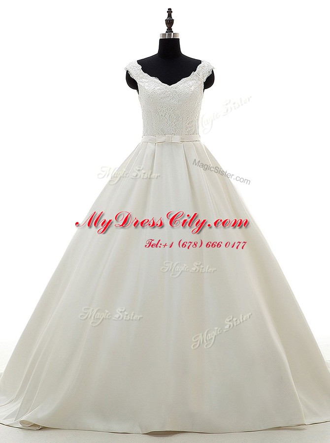 Classical White Satin Zipper V-neck Sleeveless Wedding Dresses Brush Train Lace and Belt