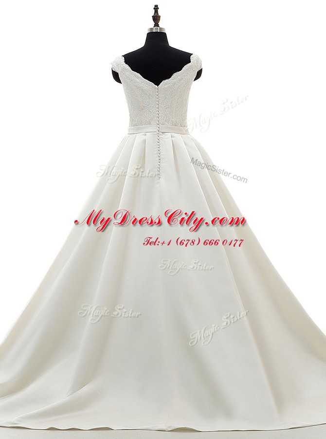 Classical White Satin Zipper V-neck Sleeveless Wedding Dresses Brush Train Lace and Belt