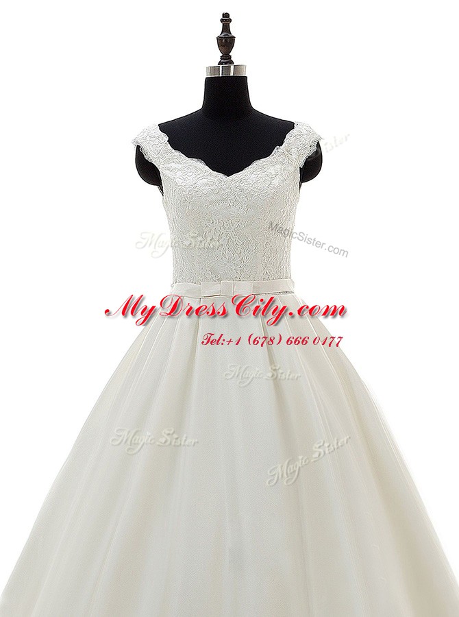 Classical White Satin Zipper V-neck Sleeveless Wedding Dresses Brush Train Lace and Belt