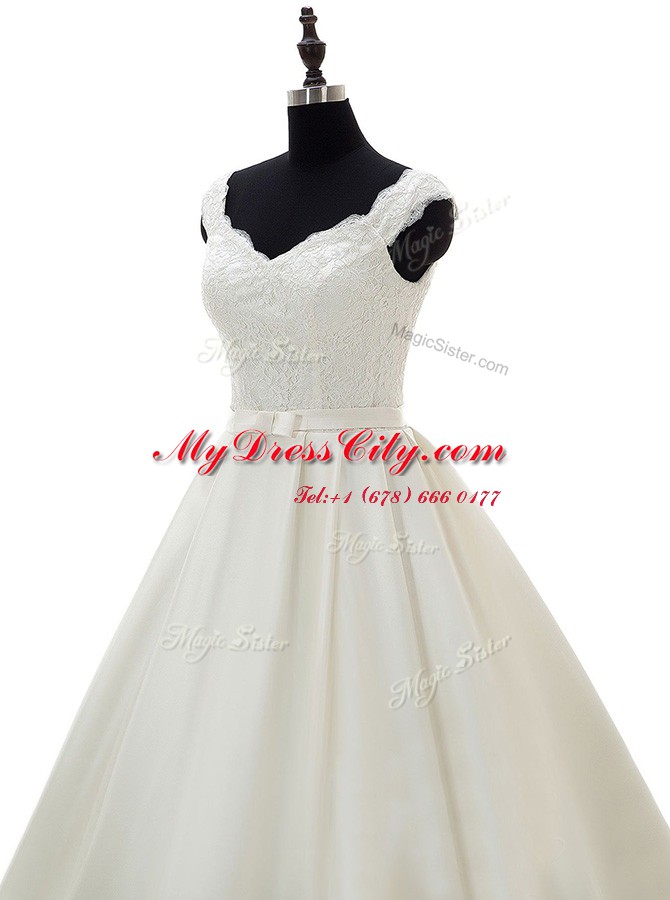 Classical White Satin Zipper V-neck Sleeveless Wedding Dresses Brush Train Lace and Belt