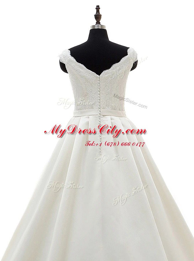 Classical White Satin Zipper V-neck Sleeveless Wedding Dresses Brush Train Lace and Belt