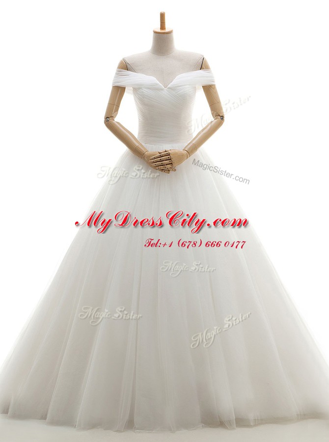 Custom Made White A-line Tulle Off The Shoulder Sleeveless Ruching With Train Lace Up Bridal Gown Court Train