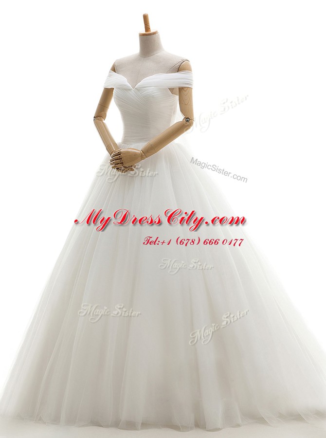 Custom Made White A-line Tulle Off The Shoulder Sleeveless Ruching With Train Lace Up Bridal Gown Court Train