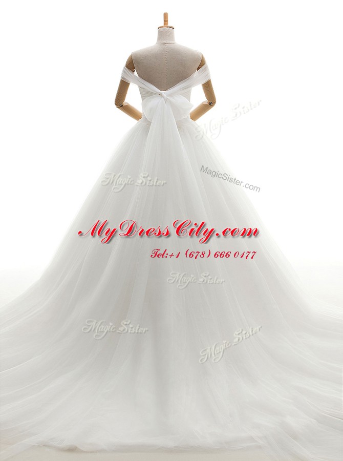 Custom Made White A-line Tulle Off The Shoulder Sleeveless Ruching With Train Lace Up Bridal Gown Court Train