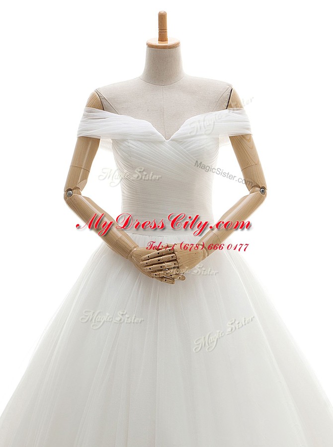 Custom Made White A-line Tulle Off The Shoulder Sleeveless Ruching With Train Lace Up Bridal Gown Court Train