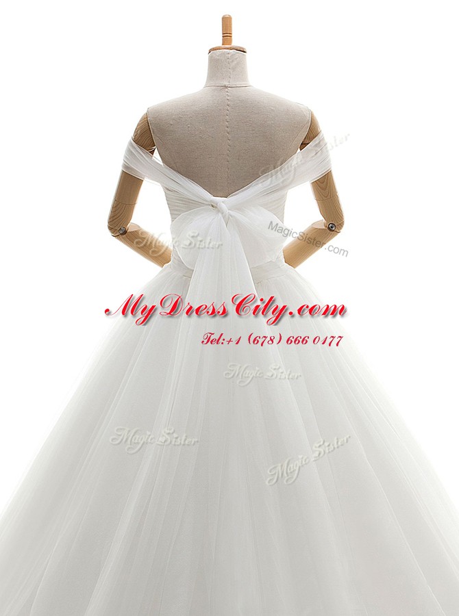 Custom Made White A-line Tulle Off The Shoulder Sleeveless Ruching With Train Lace Up Bridal Gown Court Train