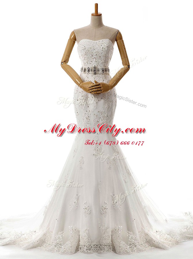 White Mermaid Lace Sweetheart Sleeveless Beading and Lace and Appliques With Train Lace Up Wedding Dress Brush Train