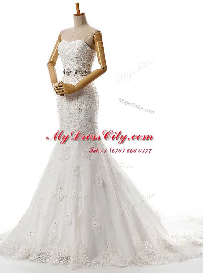 White Mermaid Lace Sweetheart Sleeveless Beading and Lace and Appliques With Train Lace Up Wedding Dress Brush Train