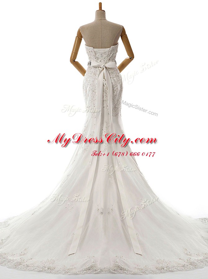 White Mermaid Lace Sweetheart Sleeveless Beading and Lace and Appliques With Train Lace Up Wedding Dress Brush Train