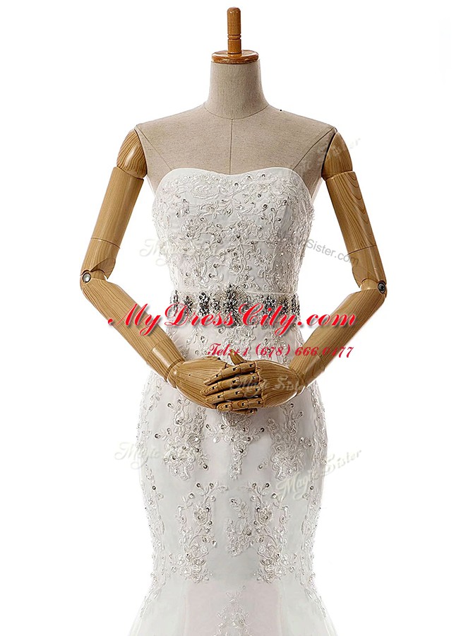 White Mermaid Lace Sweetheart Sleeveless Beading and Lace and Appliques With Train Lace Up Wedding Dress Brush Train