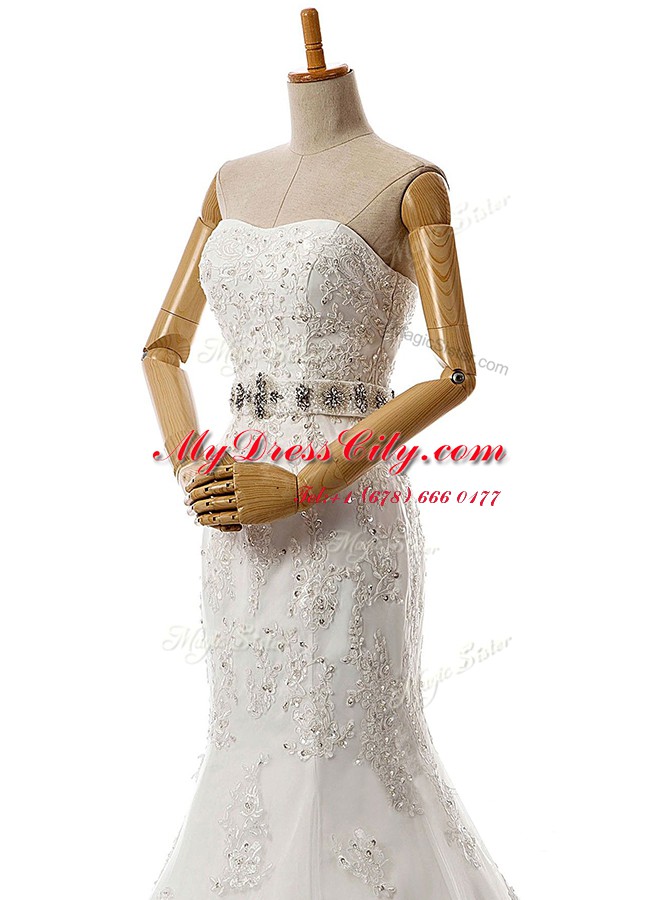 White Mermaid Lace Sweetheart Sleeveless Beading and Lace and Appliques With Train Lace Up Wedding Dress Brush Train