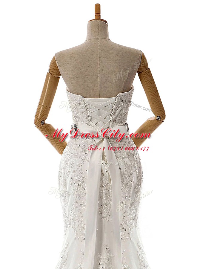 White Mermaid Lace Sweetheart Sleeveless Beading and Lace and Appliques With Train Lace Up Wedding Dress Brush Train