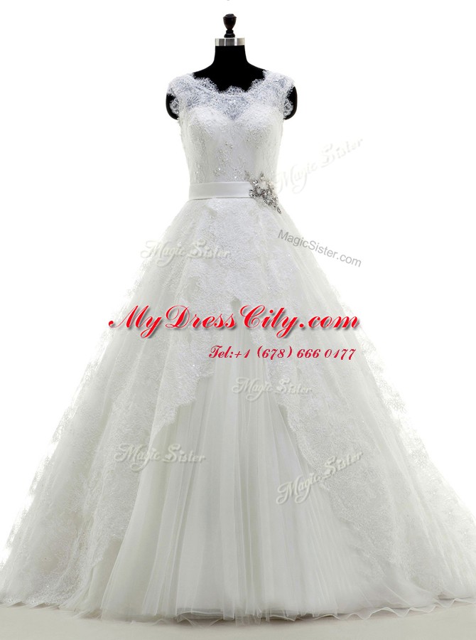 Scoop Lace With Train A-line Sleeveless White Wedding Dresses Brush Train Clasp Handle