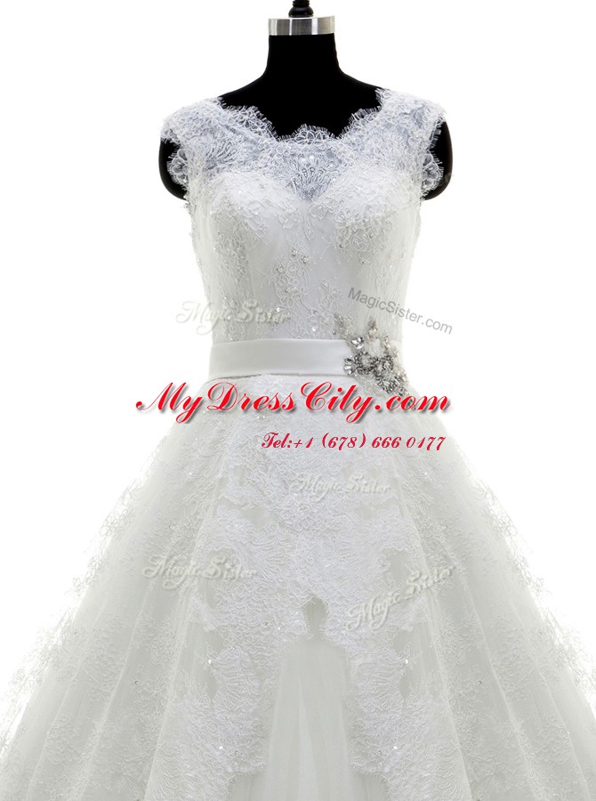 Scoop Lace With Train A-line Sleeveless White Wedding Dresses Brush Train Clasp Handle