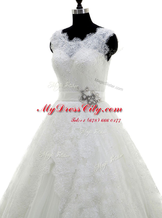 Scoop Lace With Train A-line Sleeveless White Wedding Dresses Brush Train Clasp Handle