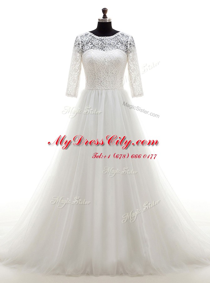 Scoop White A-line Lace Wedding Dresses Clasp Handle Tulle Half Sleeves With Train