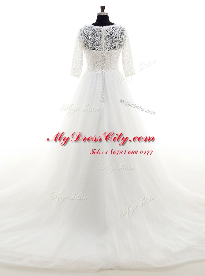 Scoop White A-line Lace Wedding Dresses Clasp Handle Tulle Half Sleeves With Train