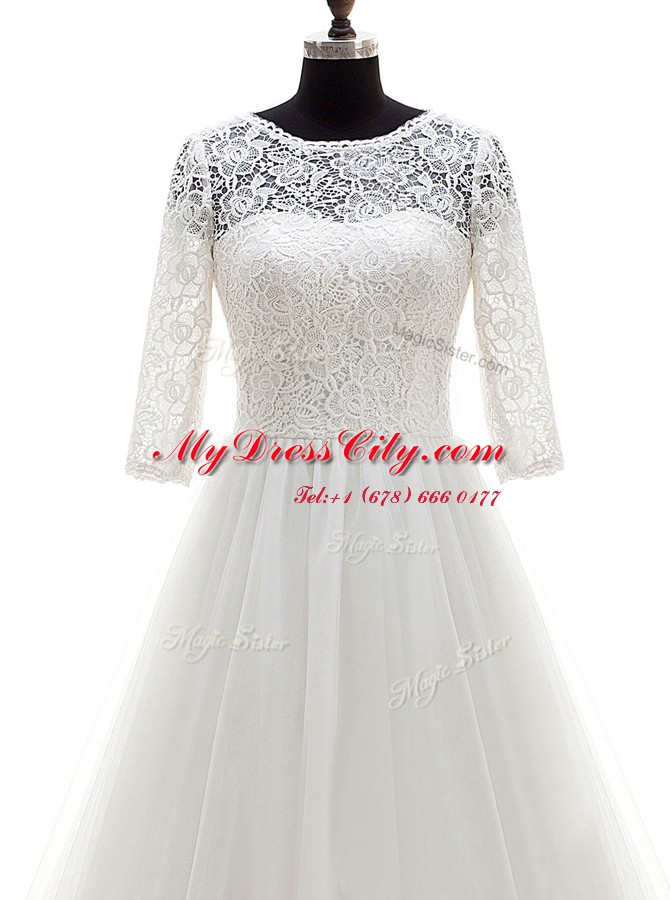 Scoop White A-line Lace Wedding Dresses Clasp Handle Tulle Half Sleeves With Train