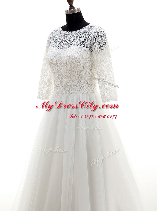 Scoop White A-line Lace Wedding Dresses Clasp Handle Tulle Half Sleeves With Train