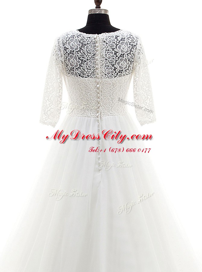 Scoop White A-line Lace Wedding Dresses Clasp Handle Tulle Half Sleeves With Train