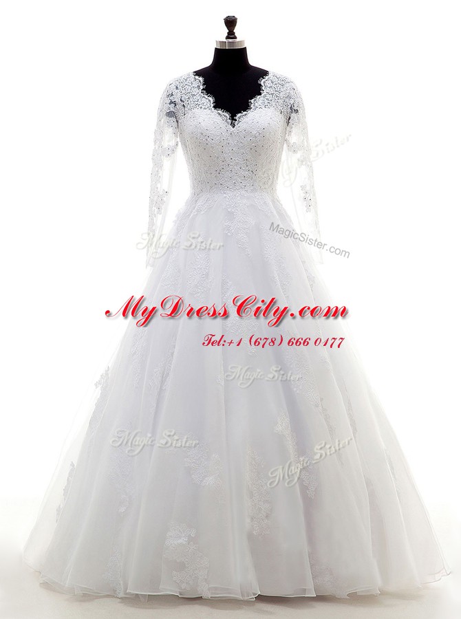 Discount Floor Length White Wedding Gowns Organza Long Sleeves Beading and Lace and Appliques