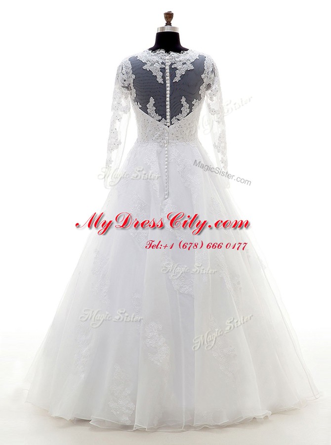 Discount Floor Length White Wedding Gowns Organza Long Sleeves Beading and Lace and Appliques