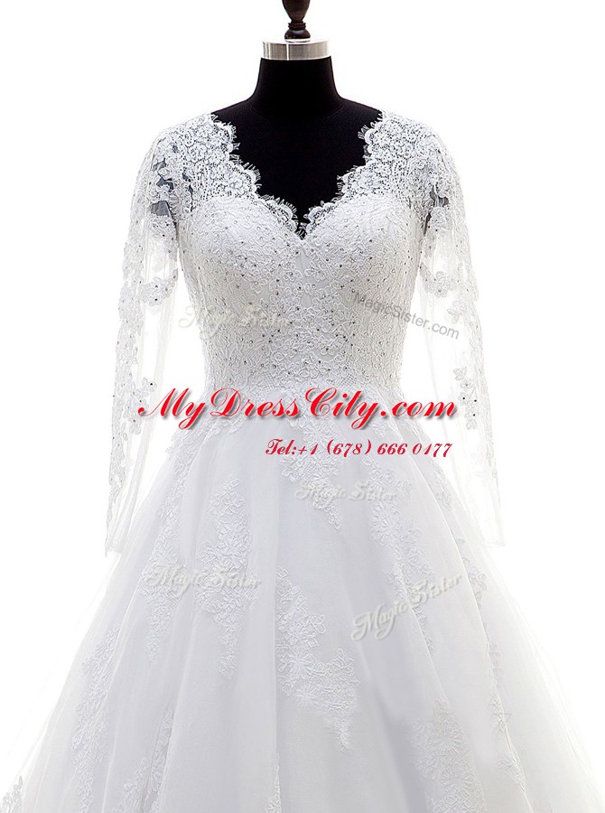 Discount Floor Length White Wedding Gowns Organza Long Sleeves Beading and Lace and Appliques