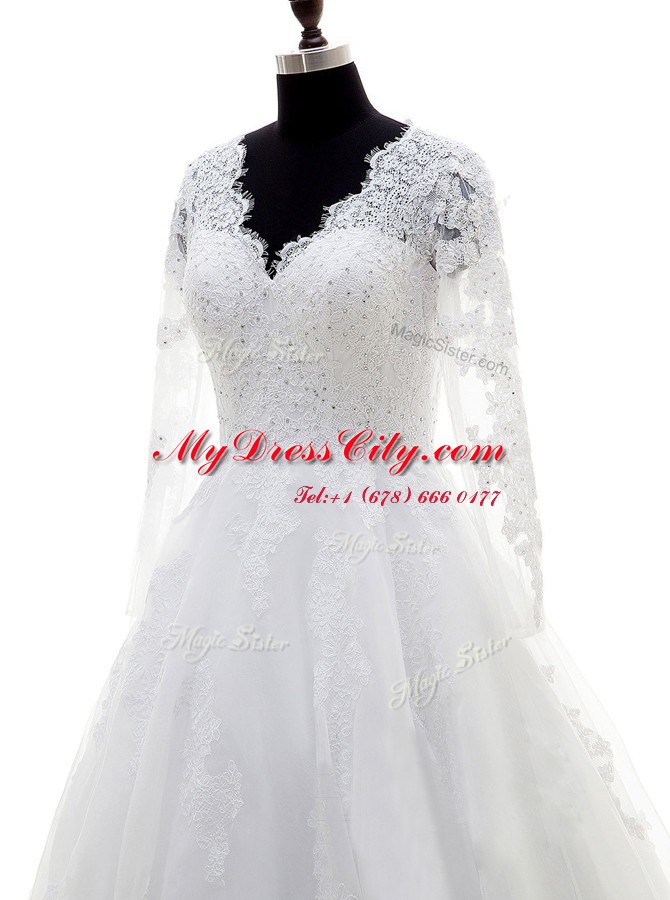 Discount Floor Length White Wedding Gowns Organza Long Sleeves Beading and Lace and Appliques