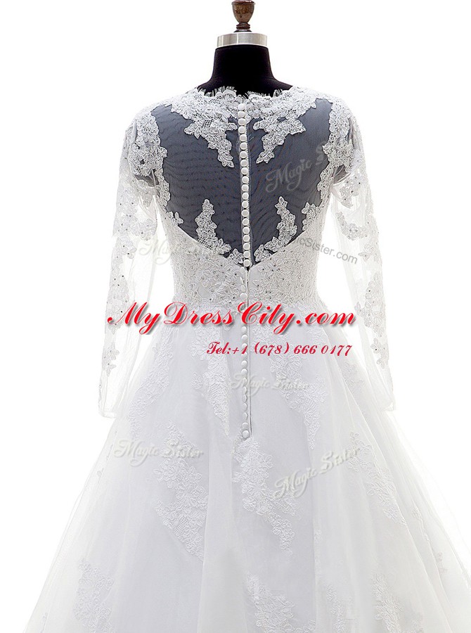 Discount Floor Length White Wedding Gowns Organza Long Sleeves Beading and Lace and Appliques