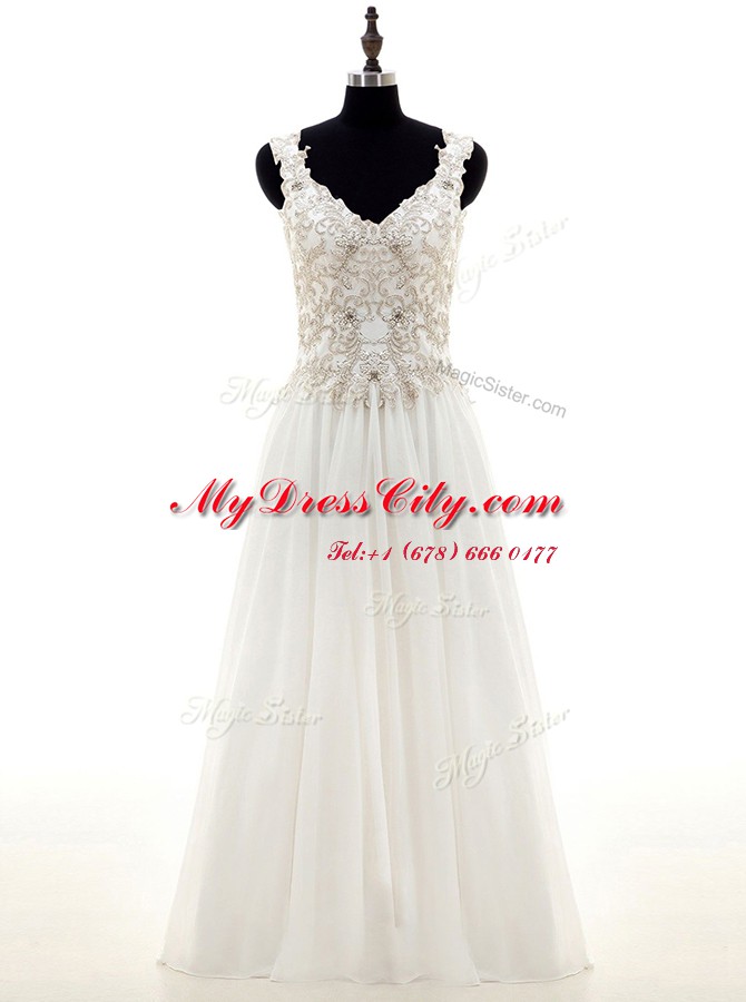 White Lace Up Bridal Gown Beading and Lace and Appliques Long Sleeves Floor Length